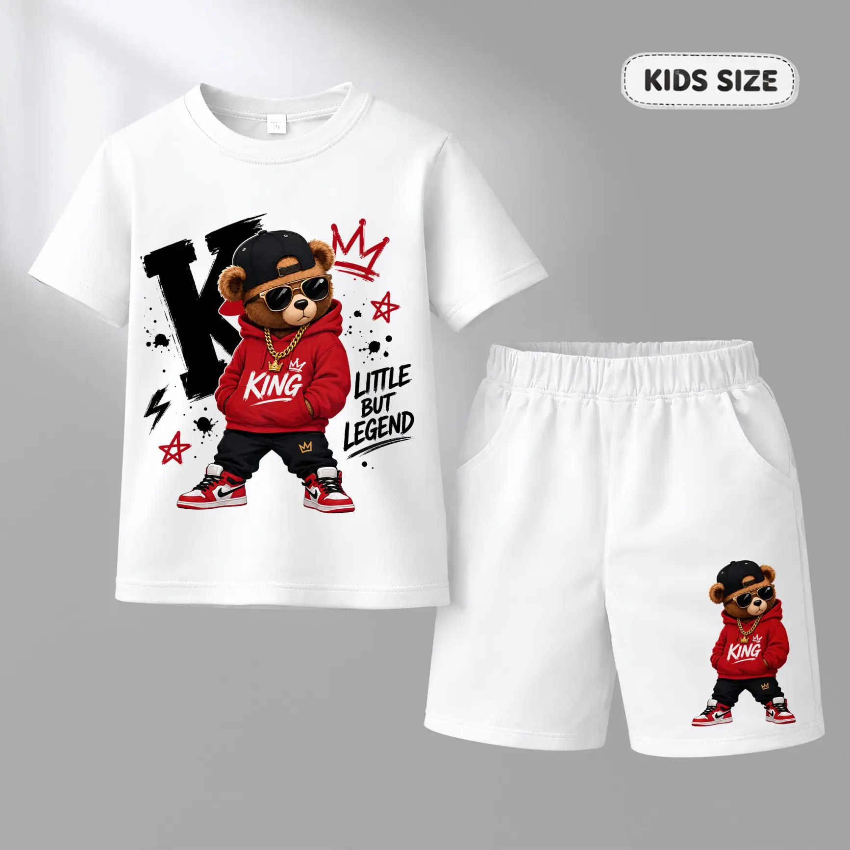 Boys’ Hip-Hop King Bear Graphic T-Shirt and Shorts Set, Trendy Graffiti Style Summer Two-Piece Outfit with Cartoon Character Print, Comfortable Clothes for School, Weekend Trips and Everyday Wear