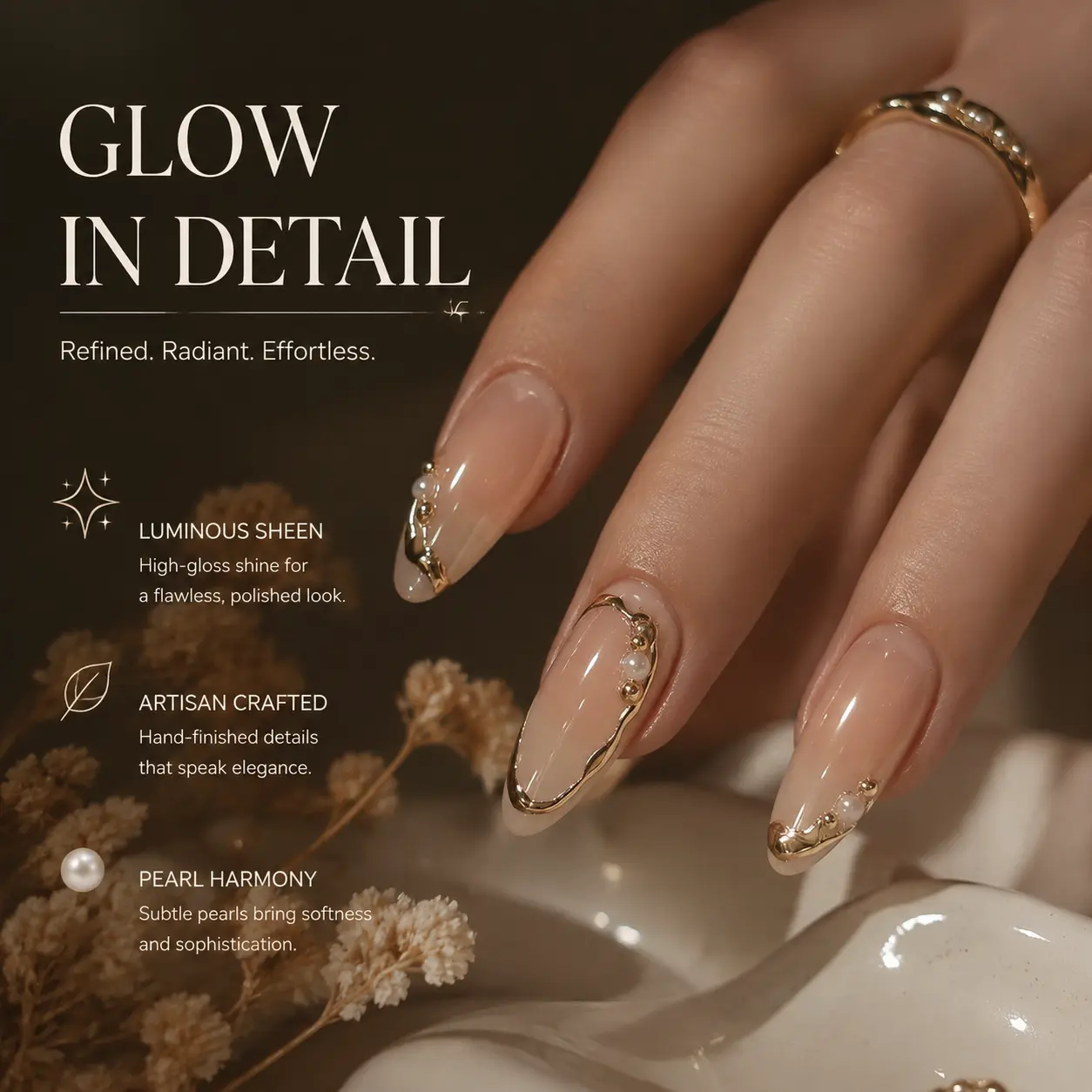 Women's Elegant Almond-Shaped Press-On Nails, Classic French Tip with Subtle Gold Accent Line, Medium Length, Natural-Looking Reusable Artificial Nails, 24-Piece Set with Safe Adhesive & Effortless Removal