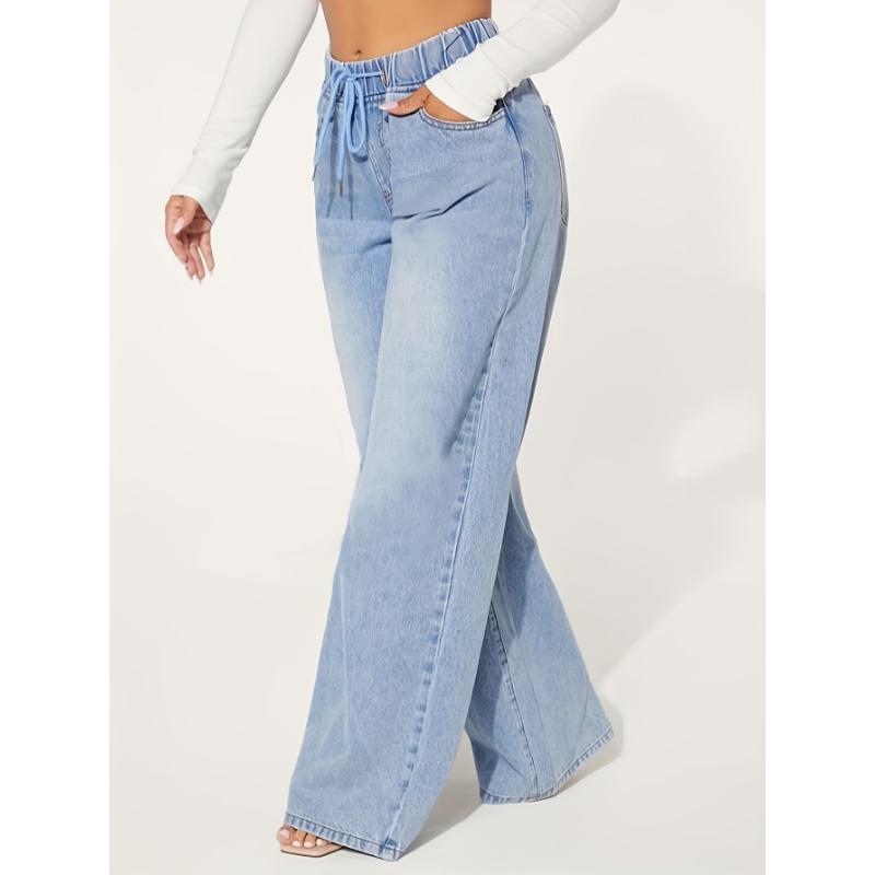 NewWomen's Jeans Chic Womens Blue Drawstring Jeans - Comfort Elastic Waist, Relaxed Baggy Style, Distressed Washed Wide Legs - Premium Denim Clothing