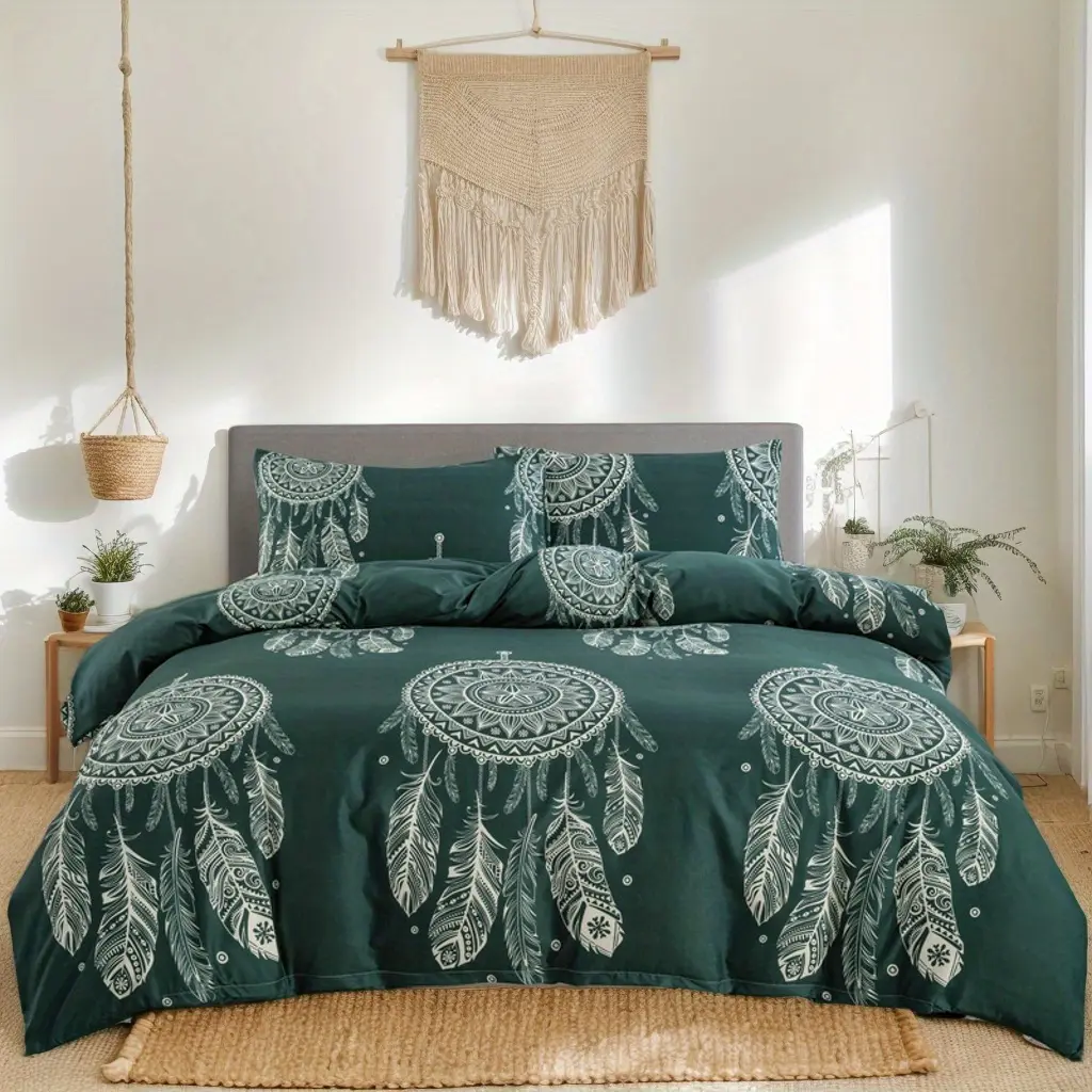 3pcs Green Duvet Cover Set, Lightweight Fiber Promotes Restful Sleep, Reduces Sleeplessness & Anxiety, Zipper Closure with Corner Straps, Machine Washable