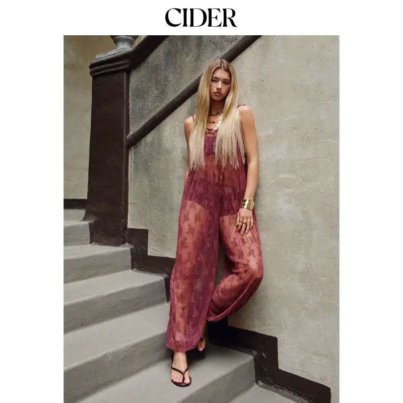 Cider Lace Square Neck Oversized See-Through Barrel Leg Jumpsuits