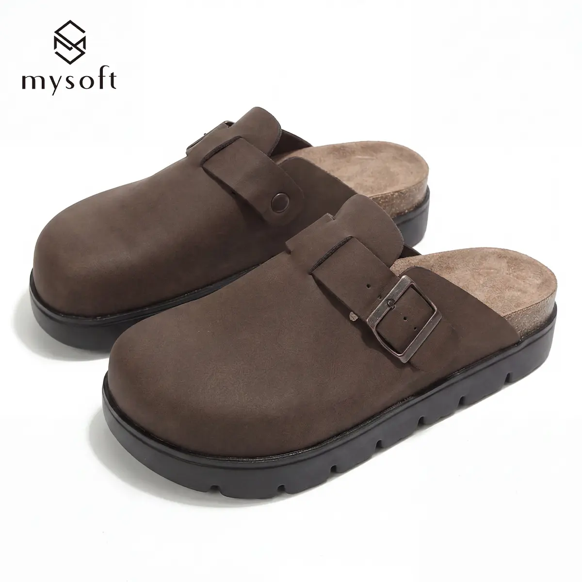 Women's Casual Platform Clogs - 1 Pair Closed-Toe Block Heel Shoes with Cork Footbed, Adjustable Buckle, Chunky Sole for Indoor-Outdoor Comfort, Casual Wear Mules