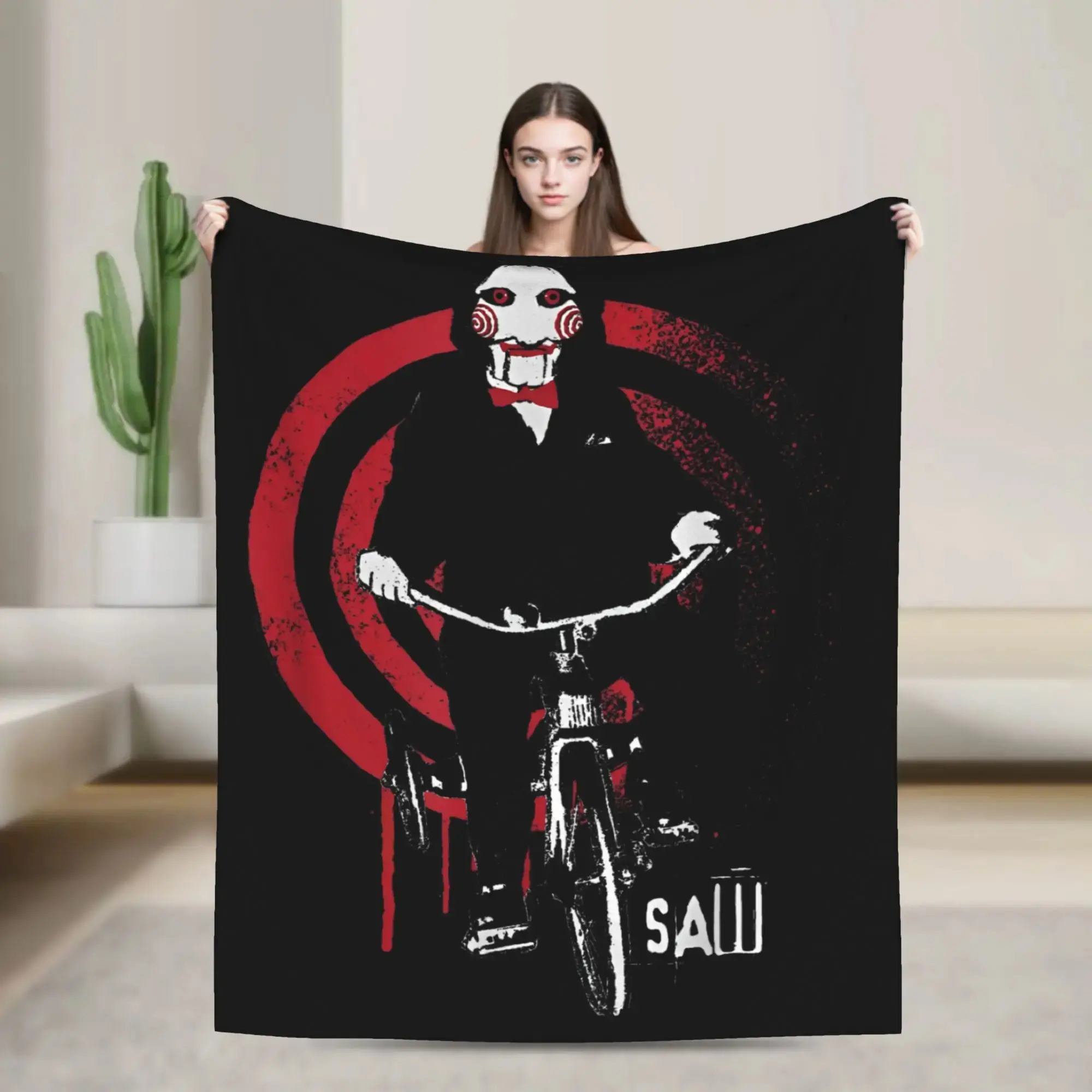 Saw Billy The Puppet Bicycle Flannel Throw Blanket Horror Movie Billy Puppet Red Target Circle Distressed Graphic Soft Fleece Blanket Saw Horror Fan Man Cave Decor Halloween Gift