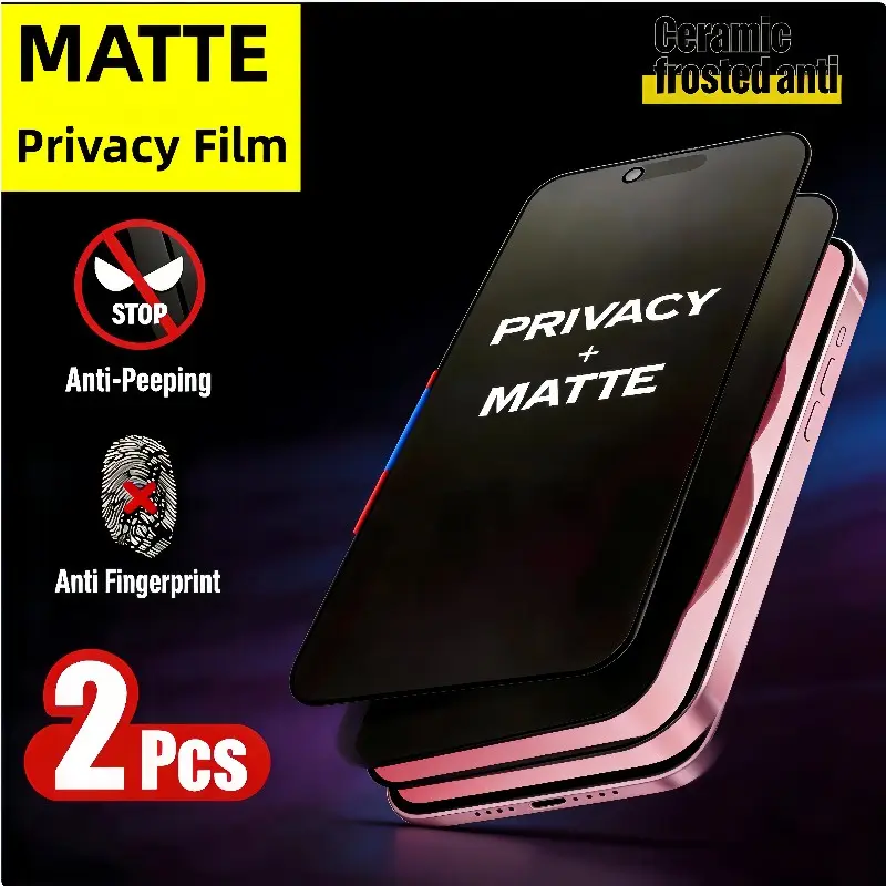2-Pack Matte Frosted Anti-Spy Ceramic Film for iPhone 17/16/15/14/13 Pro Max, Flexible Edge Protection, Fingerprint Resistant, Protective Privacy Screen Protector, Privacy Glass