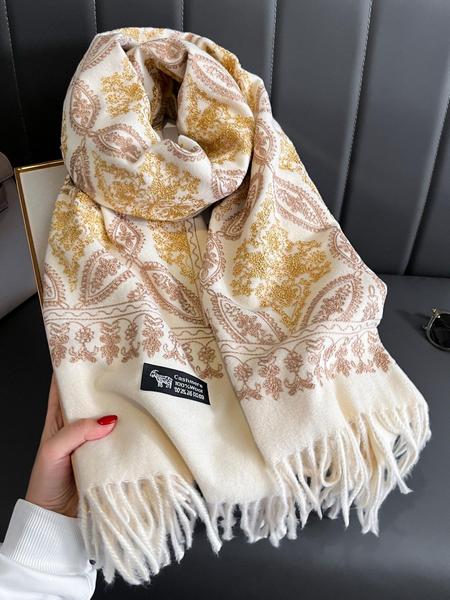 Boho Style Plant Embroidery Double Sided Scarf, Casual Soft Warm Fringe Trim Floral Embroidered Shawl for Women & Men, Fashion Accessories for Daily Wear