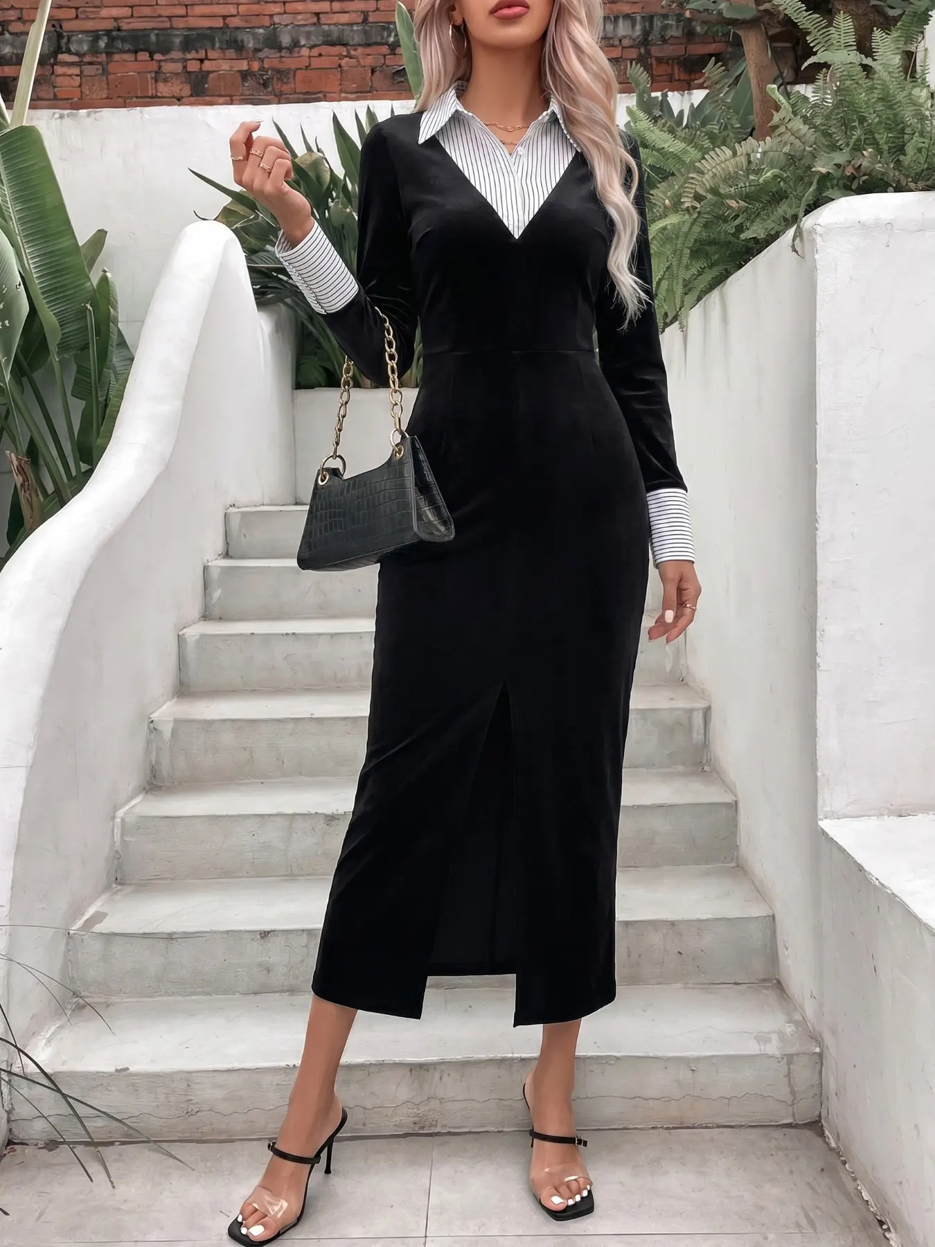 Autumn Winter Simple Korean Style Velvet Dress, Striped Collar Long Sleeve Front Split Slim Fit Midi Dress, Elegant French Patchwork Velvet Dress