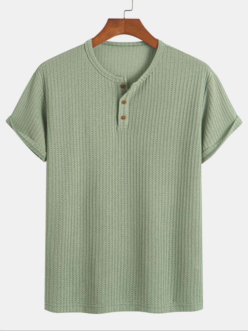 Men's Solid Knit Henley Curved Hem Tee, Regular Fit Casual Short Sleeve T-shirt for Summer, Men's Top for Daily Wear