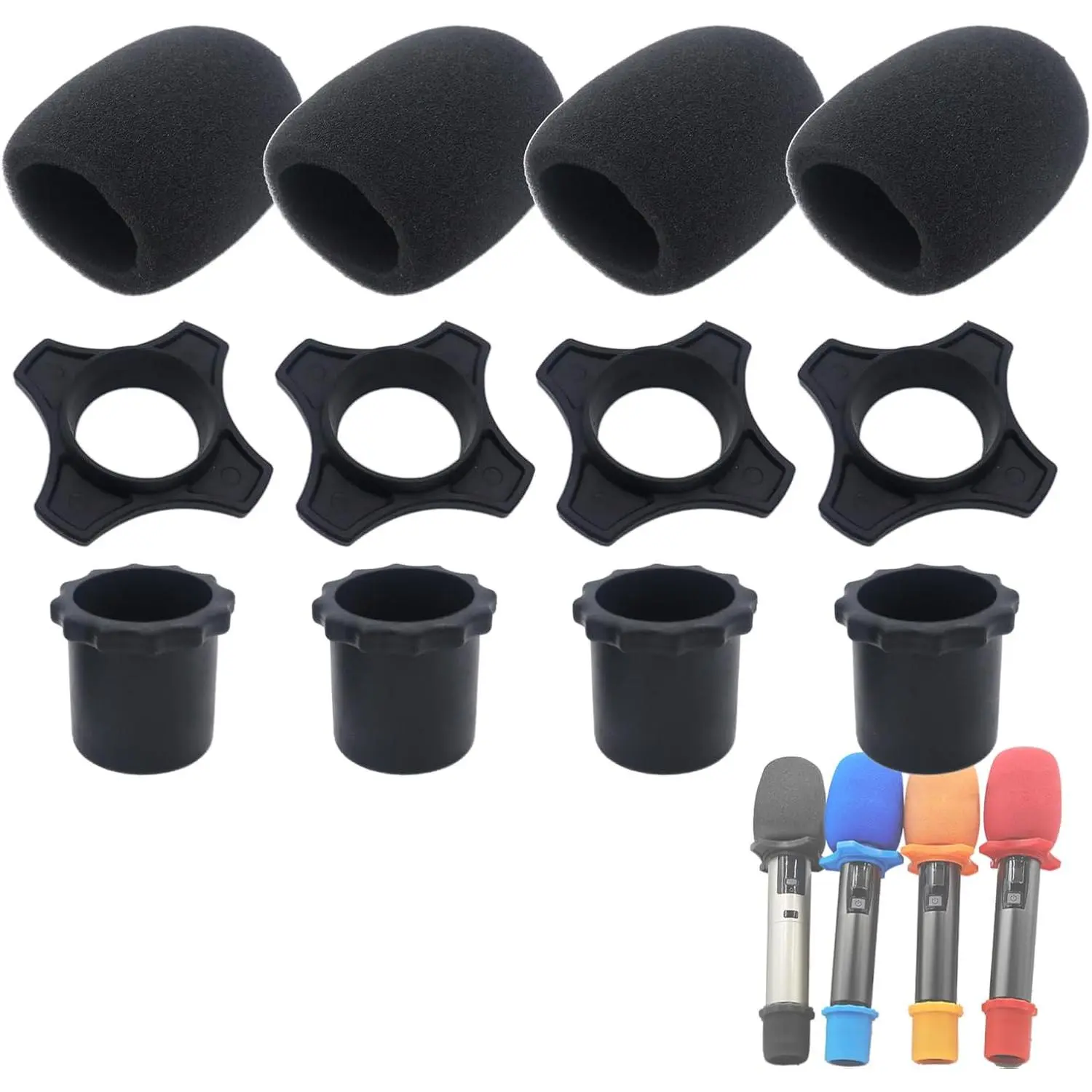 Black Synthetic Handheld Microphone Protection Kit (4-Set) - Shakeproof Anti-Rolling Ring, Bottom Rod Sleeve Holder, Windscreen Cover for KTV Mics, Model 1