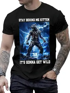 Wild Storm Wolf Man Rugged Biker Graphic Tee, Casual Long Sleeve Slim Fit Top, Unisex Streetwear for All Seasons