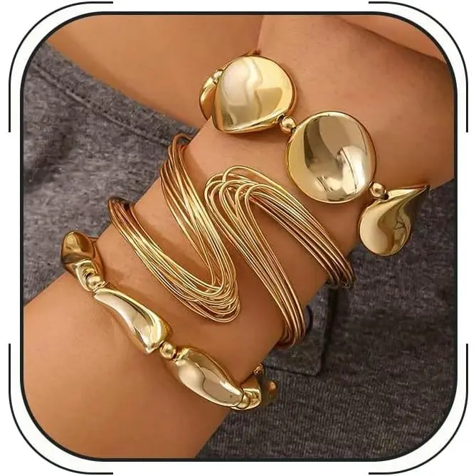 Chunky  Bracelet Set for Women Punk Multi-Layered Hammered Metal Bangles Trendy Minimalist Stackable Party  Set