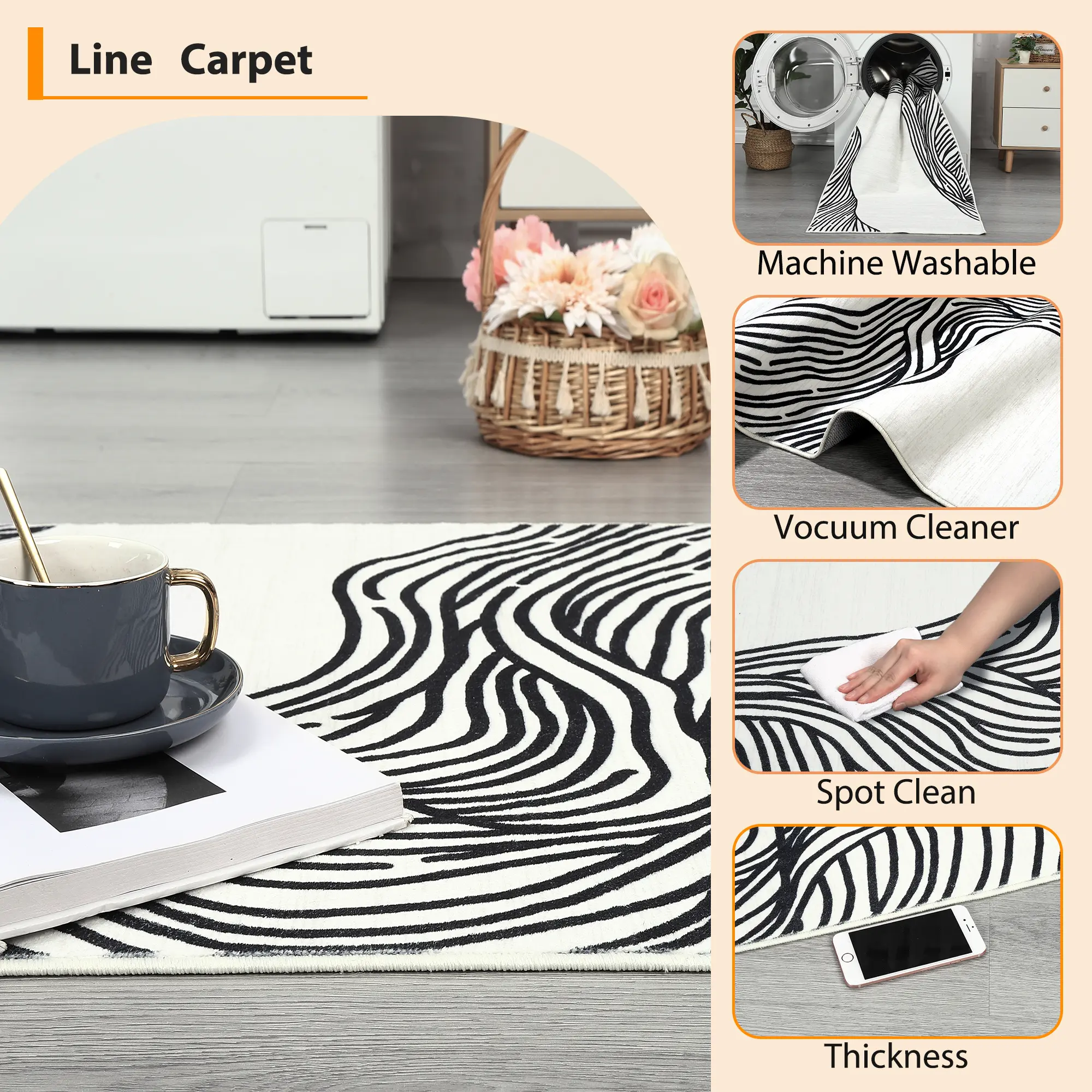 5x7 Washable Area Rug, Modern Printed Faux Wool Carpet with TPR Non Slip Backing, Foldable Soft Rug for Living Room Bedroom Home Office, Beige Black