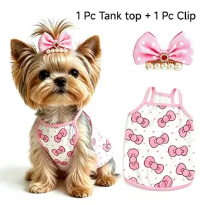 Cute Pet Summer Tank Top + Hair Clip, Lightweight Breathable Comfort for Cats and Dogs, Say Goodbye to Hot and Rough Clothes!