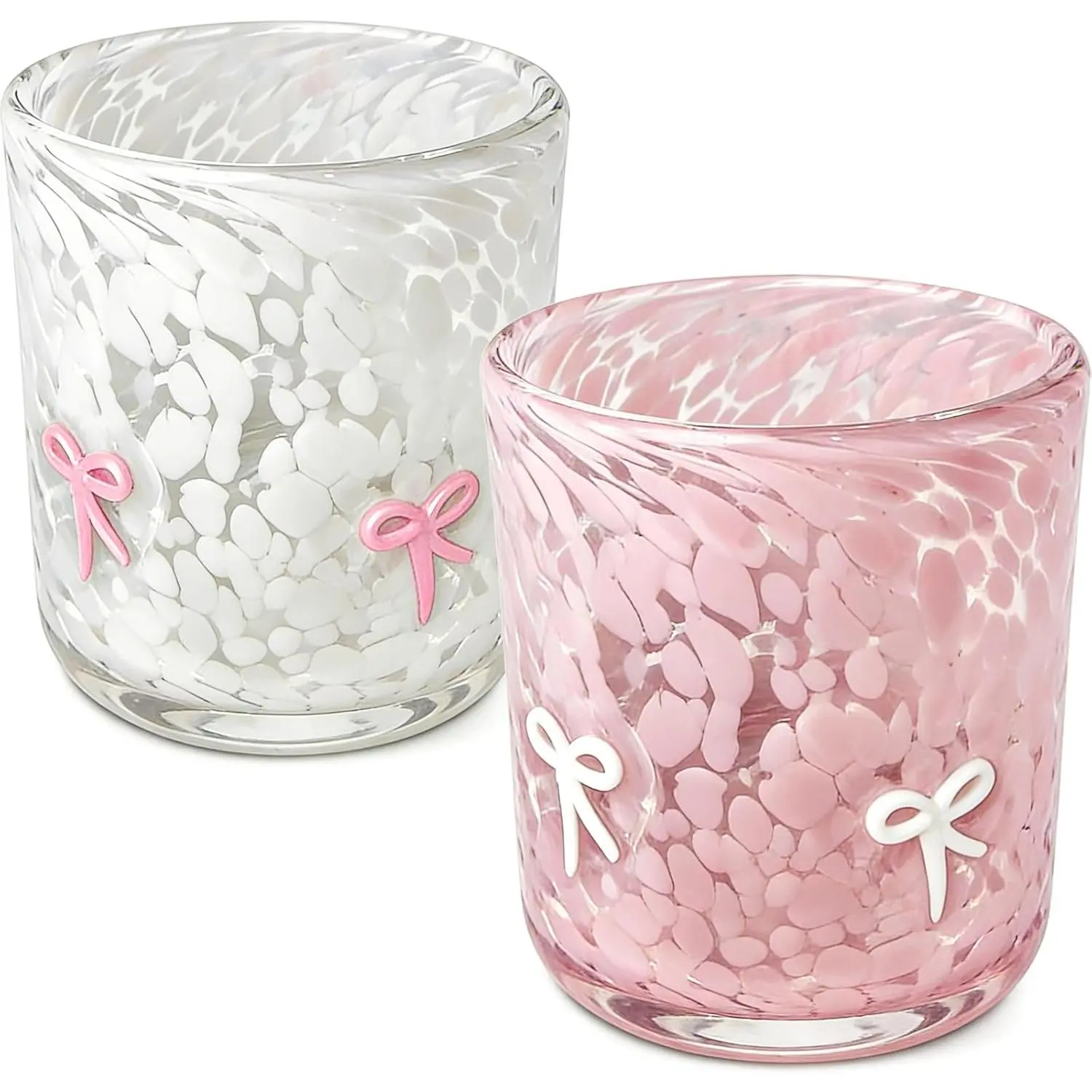 2 Pcs Bow Icon Juice Glass 14oz Coquette Pink White Bow Drinking Cocktails Glasses Cute Stemless Wine Glasses Handblown Old Fashioned Cups Best Gift for Her Mom Sister Friend Birthday Party