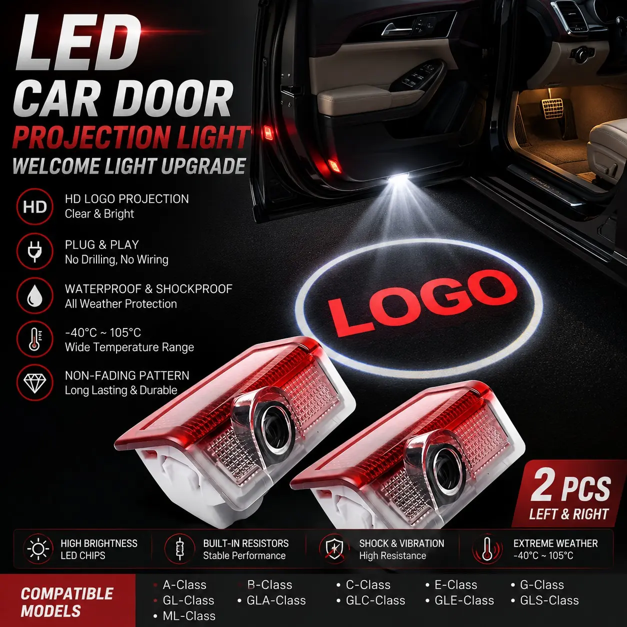 2Pcs LED Car Door Laser Projector Welcome Lights, Welcome Courtesy Light, Car Decorative Light | Fit Mercedes-Benz A/B/C/E/G/GL/GLA/GLC/GLE/GLS/ML Series HD Logo Projection Plug & Play Waterproof & Shockproof Auto On/Off Door Light
