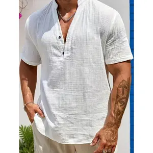Men's Casual -Linen Henley Shirt for Beach Vacation, Trendy and Versatile