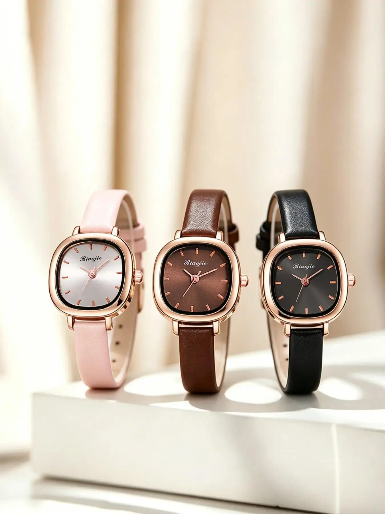 3-Pack Retro Style Square Dial Quartz Watches for Women, Elegant Leather Strap, Multiple Colors, Commuter Fashion Timepieces, Quartz Analog Watch