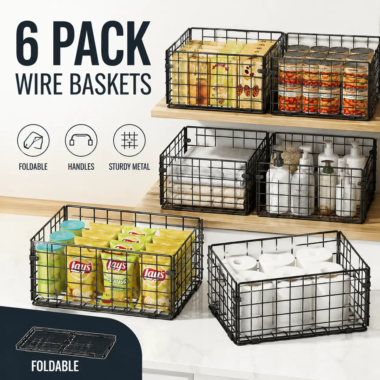 6 Pack Metal Wire Basket Pantry Organizers, Foldable 12x9x6 Inch Cabinet Bins with Handles for Kitchen Freezer, Bathroom, Laundry, Closet and Garage Storage