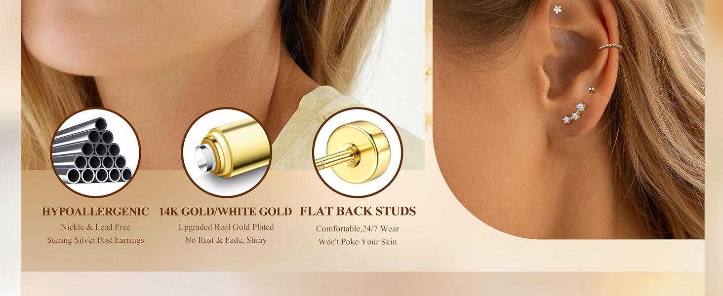 ZELORES 1 Pair Flat Back Earrings for Women Sterling Silver Post Stud Earrings Cartilage Tragus Helix Piercing Jewelry Earring for Multiple Piercing Dainty 18K Gold Plated Flatback Stud Earrings