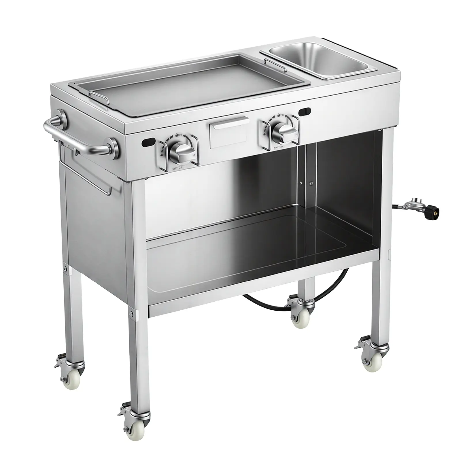 Outdoor Propane Griddle, Commercial Stainless Steel Gas Griddle Cart with 4 Locking Wheels for Commercial Grilling, Gas Heating