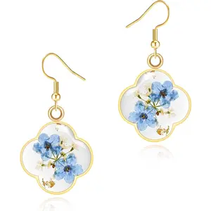 Four Leaf Clover Earrings for Women Girl - Forget-Me-Not and  Anne's Lace Pressed Flower Earrings, Boho ,Lucky Clover Pendant,Uniquely Suitable For Gifting |