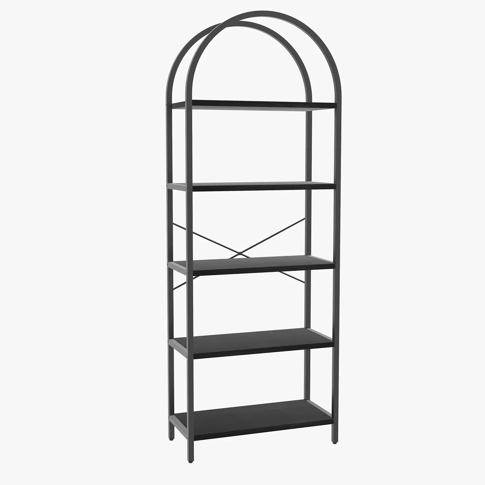 71" 5-Tier Arch Shape Industrial Bookcase with Black Metal Frame, Solid Rustic Wood Shelves, Industrial Look Storage for Living Room, Home Office