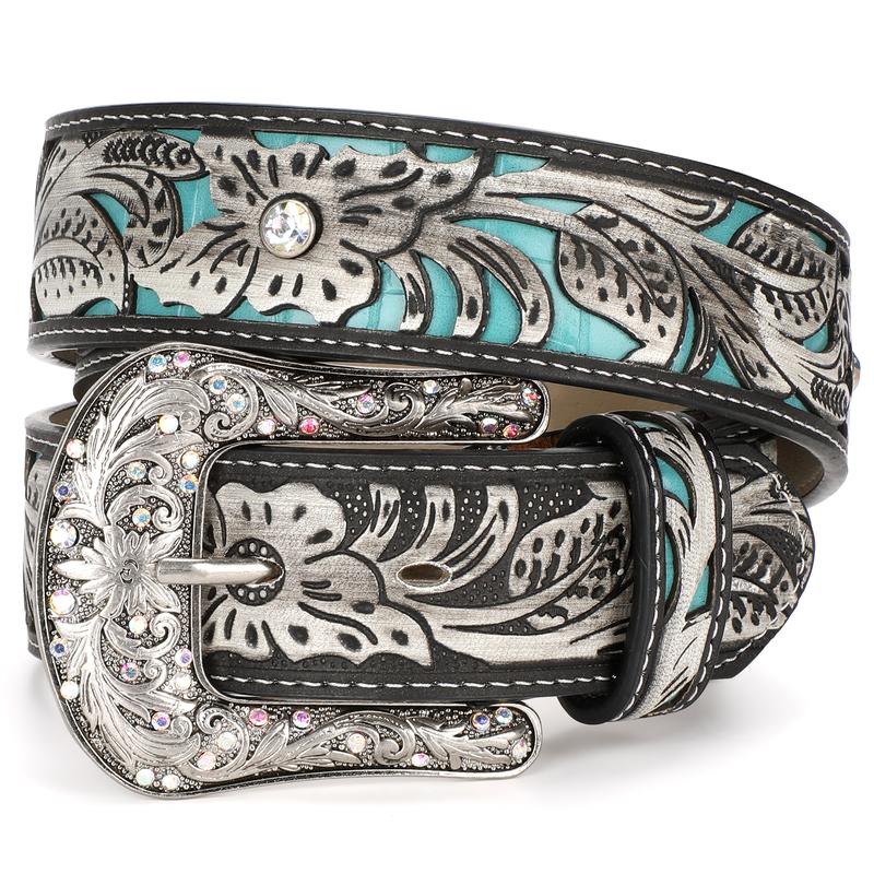 XZQTIVE Unveils Timeless Western Glamour: A Versatile, Cowboy-Inspired Leather Belt Adorned with Intricate Floral Embossing & a Captivating Rhinestone-Encrusted Turquoise Longhorn Buckle for All Boho Leaf Embossed Western Belt