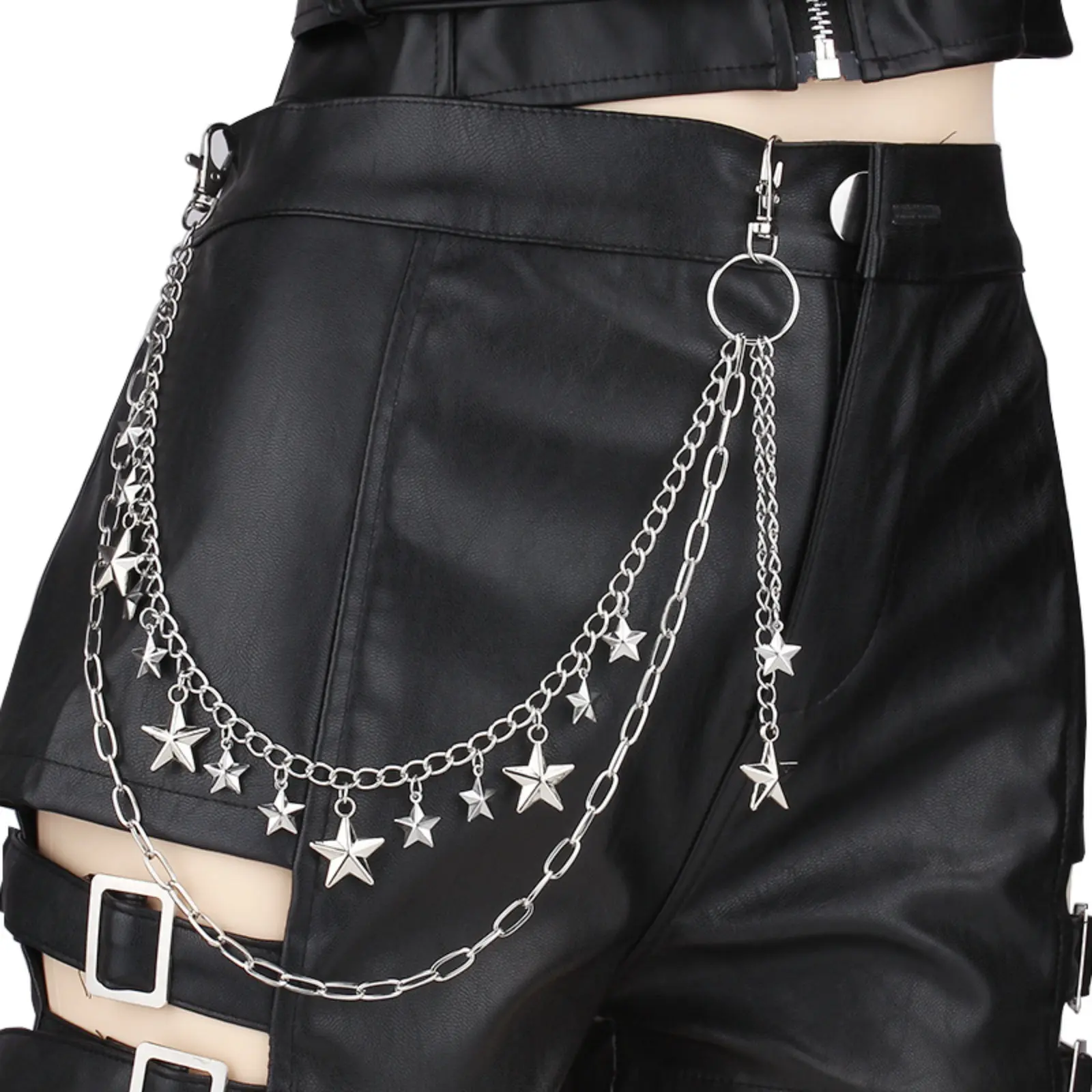 Pants Chain Accessories, Gothic Multi-Layer Star Charm Wallet Chain, Silver O-Ring Layered Jean Waist Chain, Detachable Punk Pentagram Trouser Decor Chain, Sturdy Metal Fashion Hanging Accessory, For Hip Hop Streetwear Goth Club Outfit Matching
