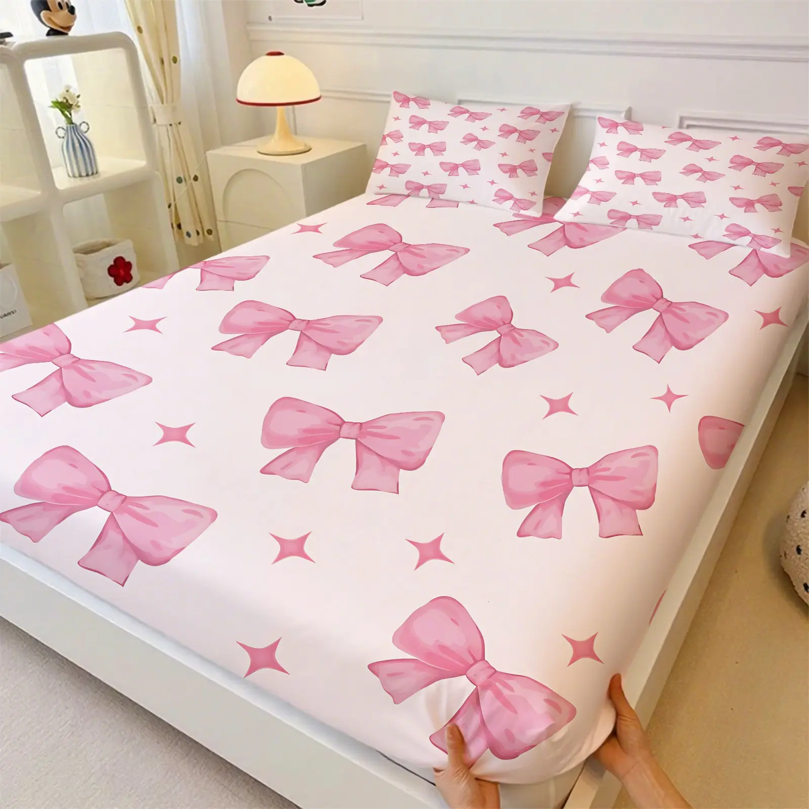 Sweet Gradient All-Over Print Bow Fitted Sheet Set, Includes 1 Fitted Sheet & 2 Coreless Pillowcases, Soft And Breathable Deep Pocket Mattress Cover, Teenage Girls’ Macaron-Style Bedding Set, Cream INS Girly Bedroom Decor, Soft Comfy Bedding