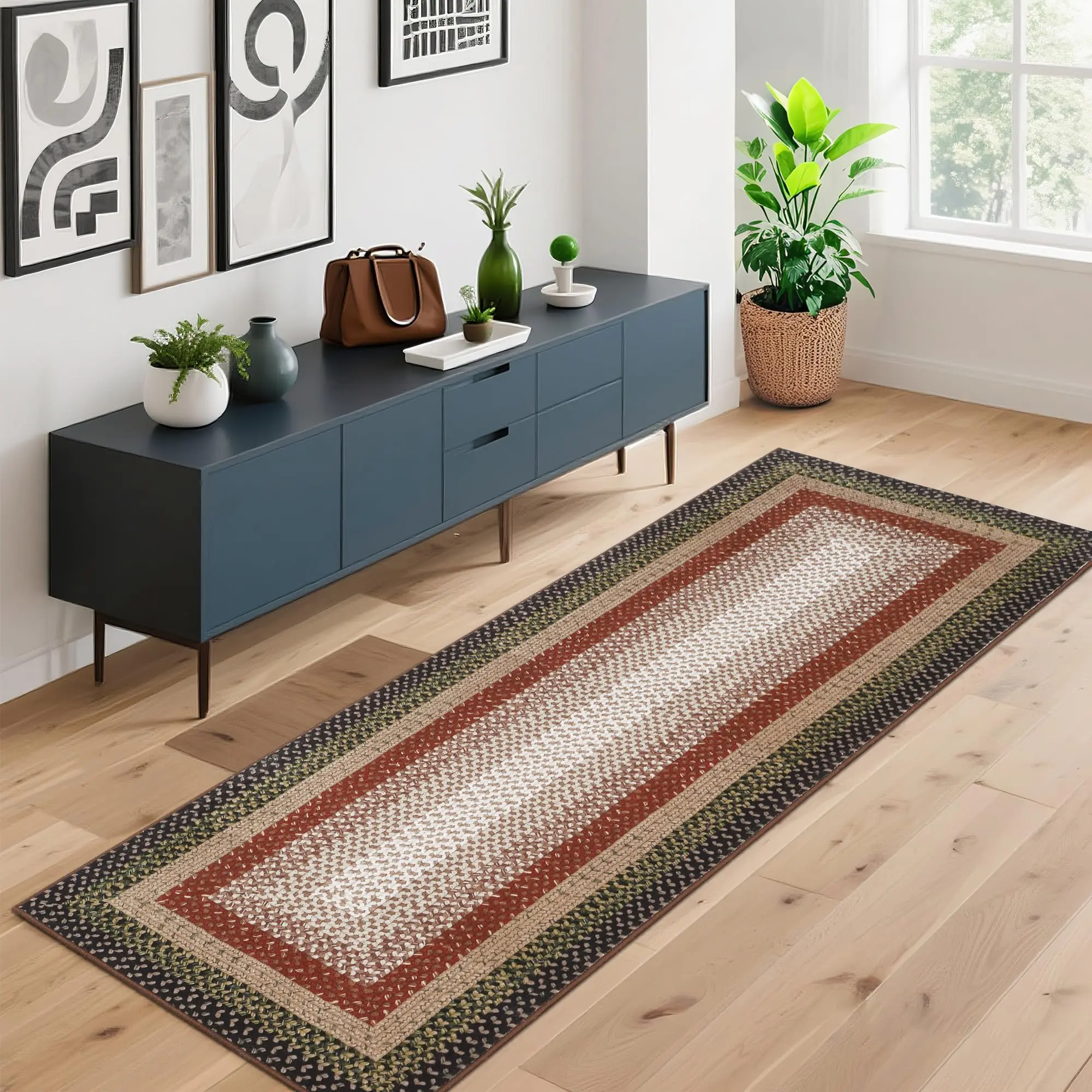 Garvee Non-Slip Rug Runner for Hallways, 2x10 Machine Washable Bathroom Rug, Modern Braided Print Area Rug, Low Pile, Non-Shedding, Bordered Floor Cover, Foldable Throw Mat for Kitchen, Red/Black