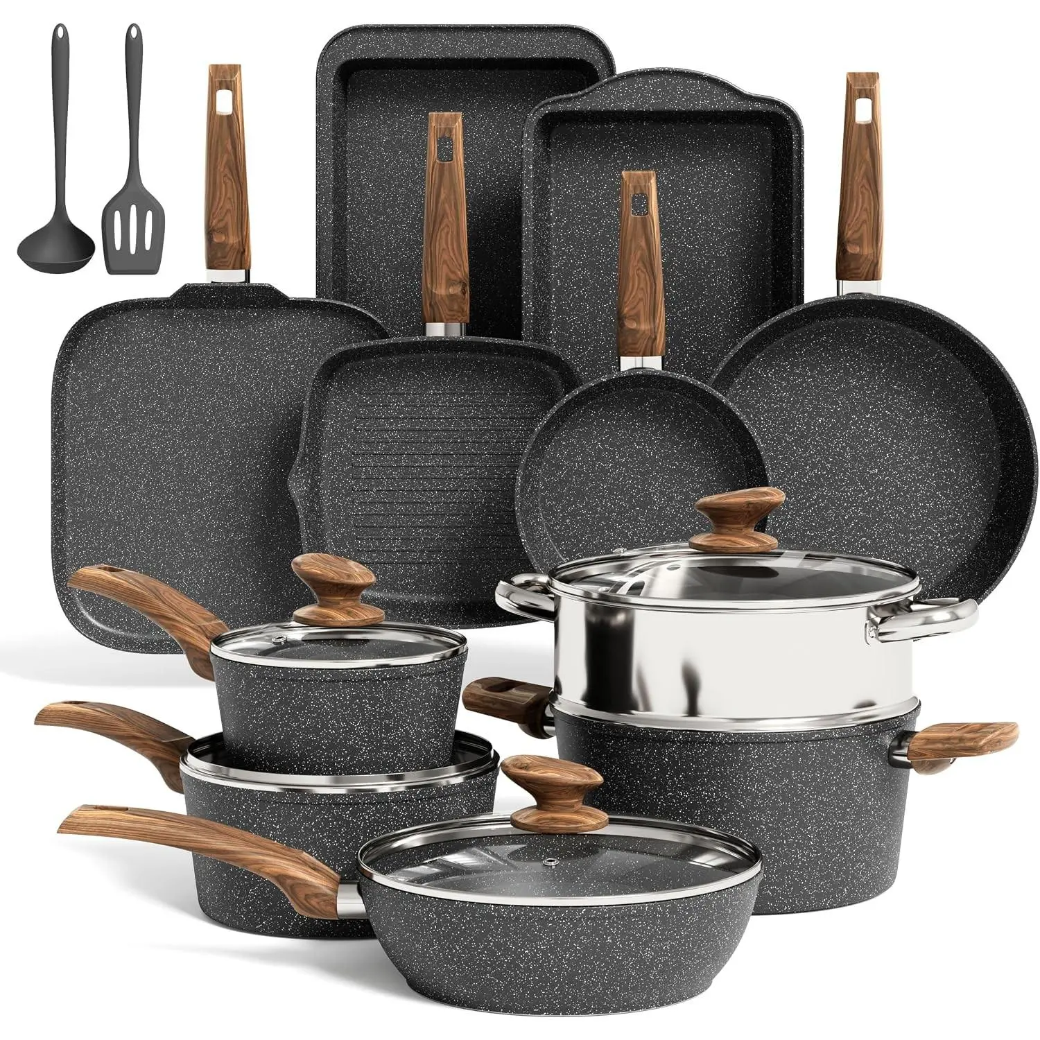 Induction Cookware Set Non Stick, 17Pcs Granite Pots & Pans | Nonstick Cooking Frying Pans for Induction Gas Electric Stove, Non-Toxic PFOA & PFOS Free, Black