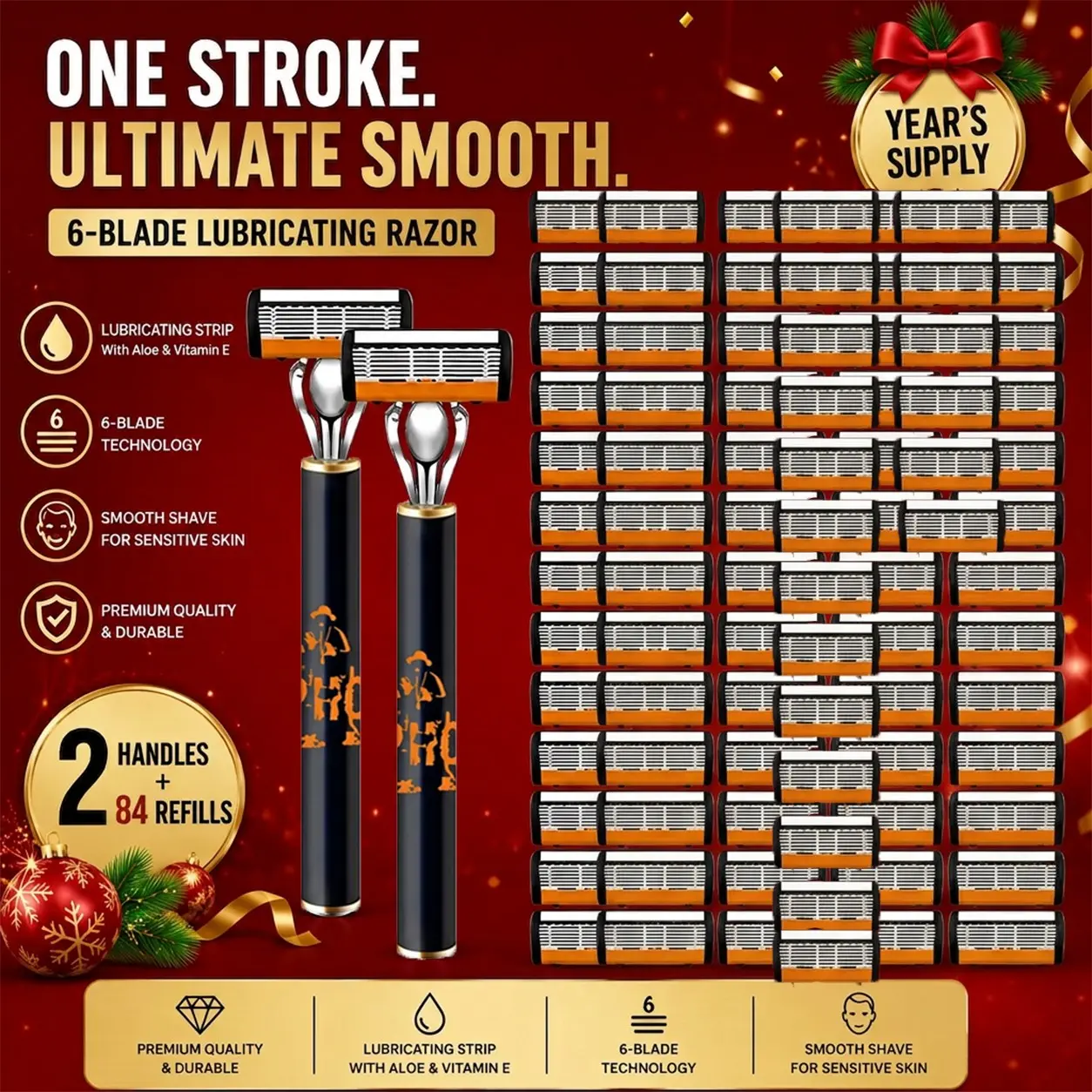 Luxury Stainless Razor Set with 6-Blade System, Includes 2 Handles & 84 Replacement Blades, Ergonomic Design for Smooth Shaving, Perfect Gift