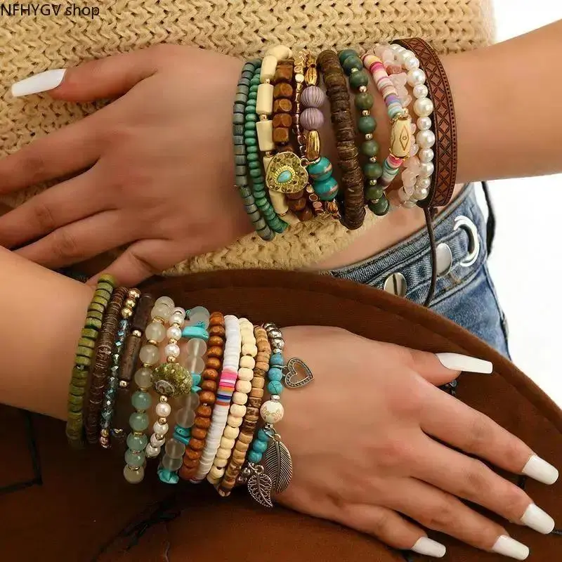 Unisex 5-Piece Bohemian Wood Bead Bracelet Set, Stackable Jewelry With Ethnic Charms, Layered Stacked Look Wrist Accessory For All Seasons Daily Casual Outfit Styling Use