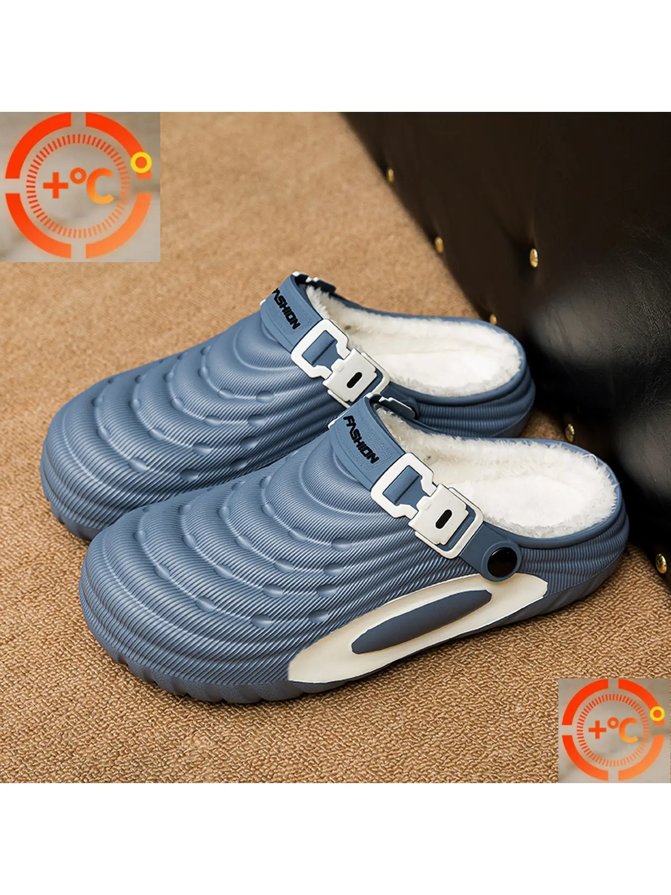 Couple Fleece Lined Clogs, Waterproof EVA Thick Sole Anti-Slip Winter Warm Slip On Slippers with Adjustable Strap, Indoor Outdoor Matching Shoes for Men Women