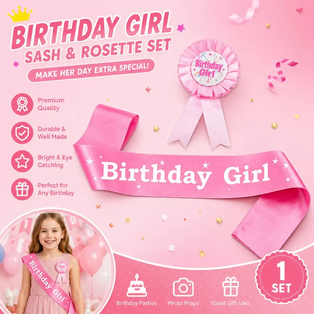 Birthday Boy Sash with Birthday Girl Rosette Pin, Satin Birthday Sash Badge Kit, Kids Birthday Party Decorations Photo Booth Props Birthday Outfit Accessories