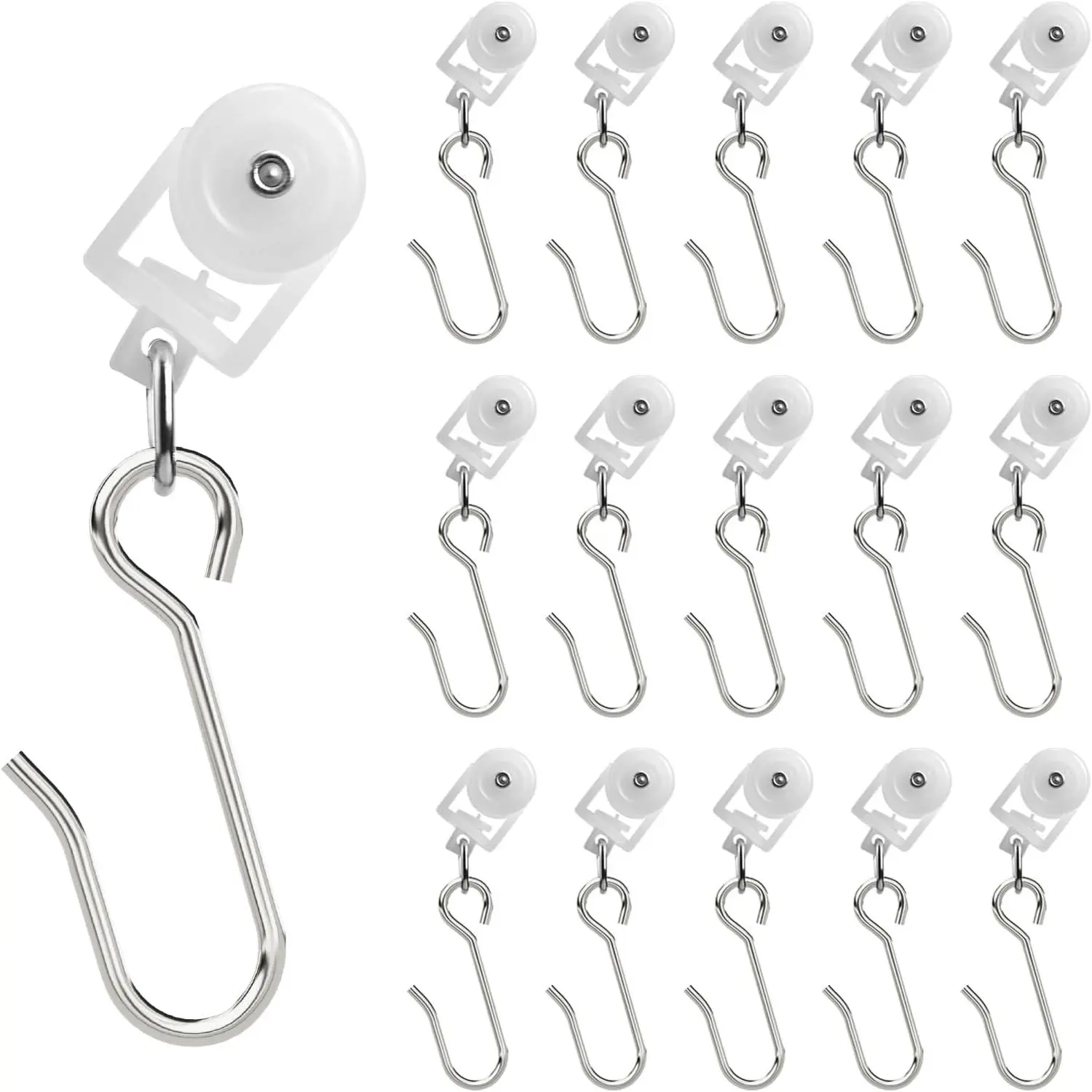 15 Pack - Ceiling Curtain Track Roller Hooks-Room Divider, Durable Stainless Steel Curtain Hooks with  Wheel, White