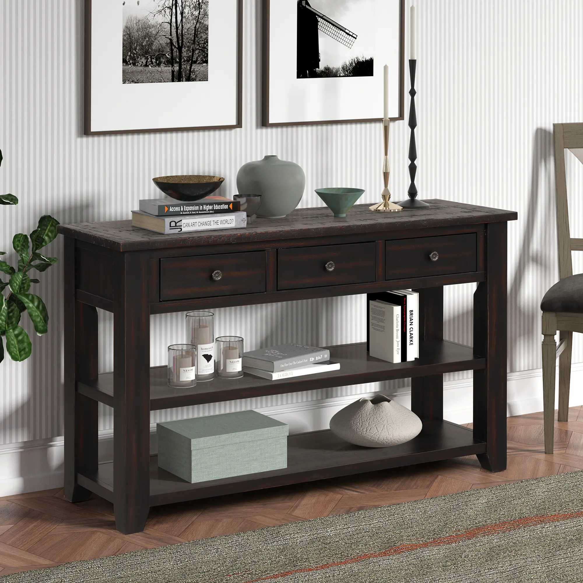 48.8" Vintage Console Table with 3 Drawers and 2 Shelves, Distressed Black, YATU Living