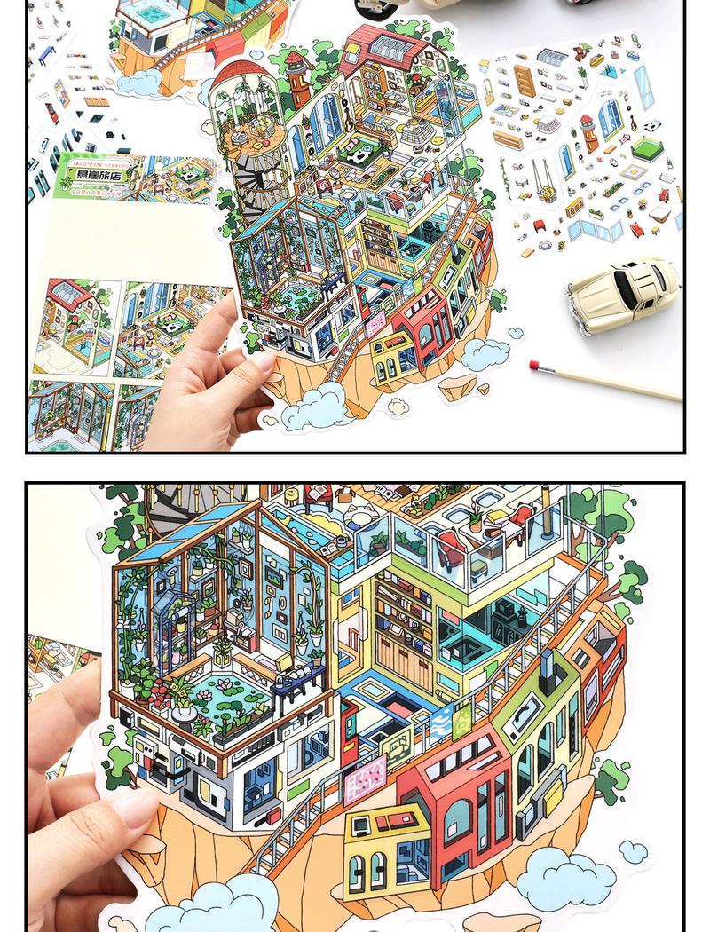 12 oversized scene stickers, fun scene themes, vintage style, PET white card dual materials, self adhesive, DIY journal decoration scrapbook notebook material sticker pack