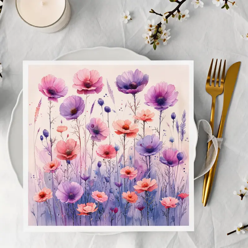 Watercolor style party napkins with purple and pink wildflower pattern, made of high-quality paper, elegant table setting for spring gatherings. 12.5cm * 12.5cm / 4.92inch 20 sheets per pack