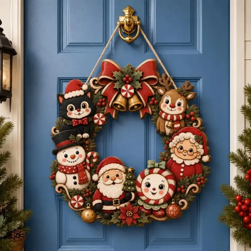 Christmas Wreath Door Hanger, Cartoon Santa Snowman Reindeer Cat Wooden Ornament, Holiday Home Decor, Window Display