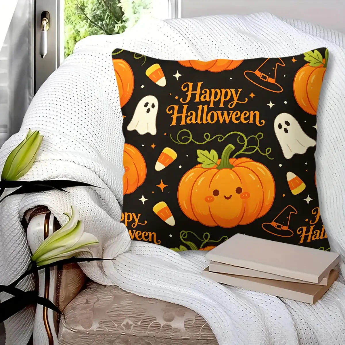 Happy Halloween Decorative Throw Pillow, Cute Smiling Pumpkin Ghost Candy Corn Printed Cushion, Soft Cozy Durable Pillow for Sofa, Couch, Bed, Living Room, Bedroom Fall Halloween Home Party Decoration (With Filling)