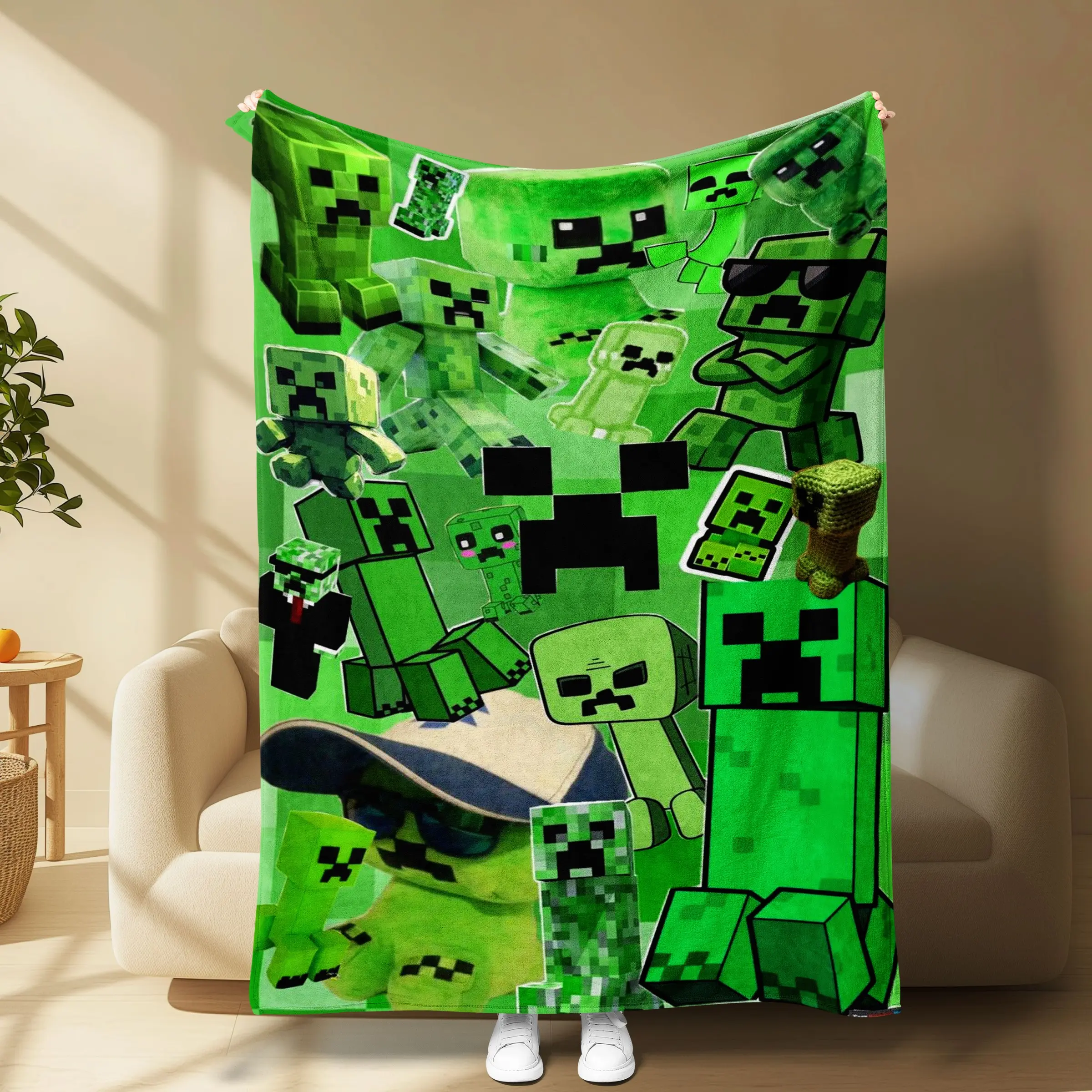 Minecraft Creeper All Over Print Flannel Throw Blanket, Green Pixel Creeper Collage Game Character Blanket, Kids Gamer Soft Cozy Blanket, Gaming Bedroom Decor Gift