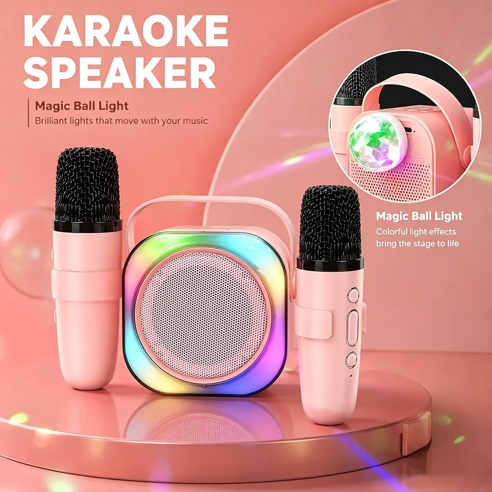 Portable Karaoke Speaker with 2 Wireless Microphones, Magic Ball Light Effects, Rechargeable, Music Playback, Ideal for Parties and Outdoor Fun