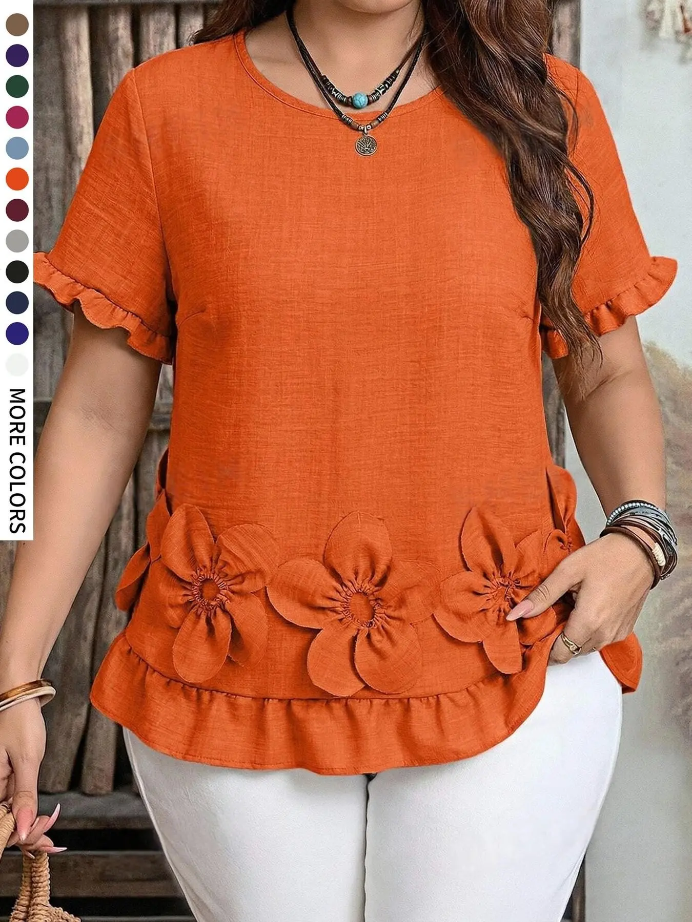 Plus Size Women's Plain Casual Shirt Blouse, Multi-Color Options, 3D Flower Decoration, Comfortable Daily Wear, Unique Design for All Seasons