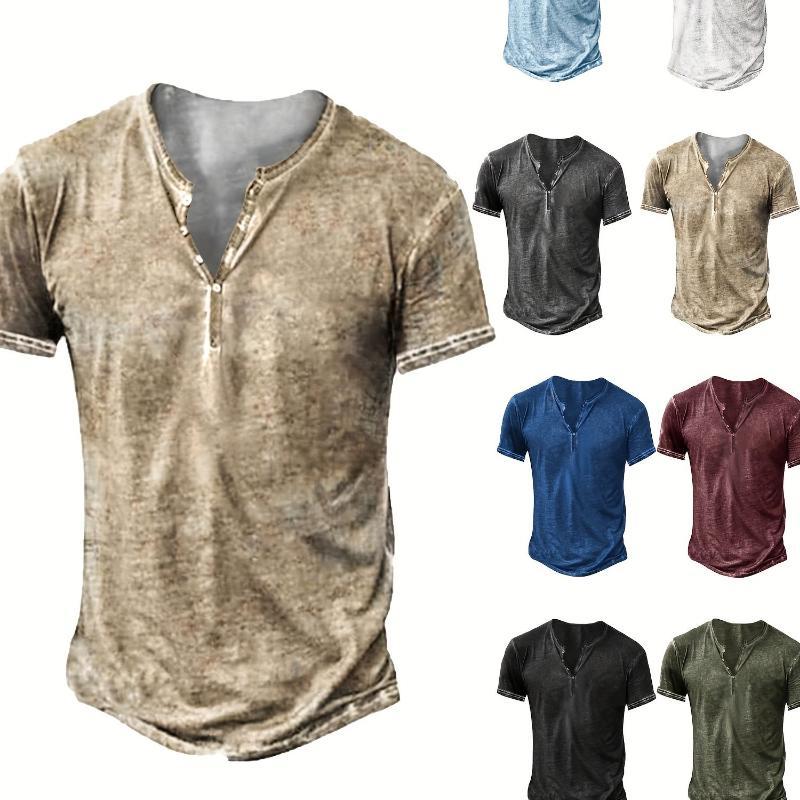 Men's Distressed Henley Shirt - Slim Fit Short Sleeve Button-Up Cotton T-Shirt with V-Neck & Placket Detailing, Machine Washable Casual Shirt in Olive Green, Black, Blue, Burgundy, Sporty Apparel| Athletic Style| Comfortable Tee