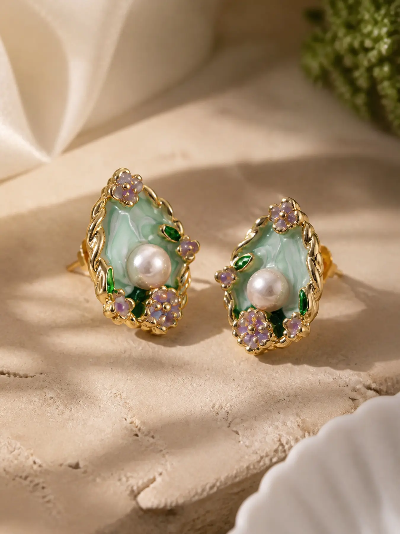 Vintage Style Flower Earrings, Green Enamel Pearl Drop Earrings, Feminine Elegant Jewelry Gift