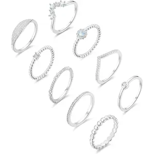 14K Silver Plate Stacking Rings Set for Women V Opal Flower CZ Rings Simple Thumb Thin Stackable Rings Silver Statement Rings Plain Band Size 4-11