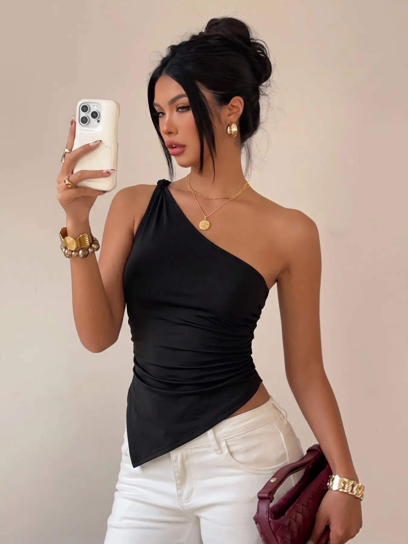 Solid Color One Shoulder Sleeveless Top For Women, Twisted Knot Asymmetric Hem Tank Top, Fashion Summer Daily Outfit For Commute, Weekend Gatherings, Travel And Street Wear