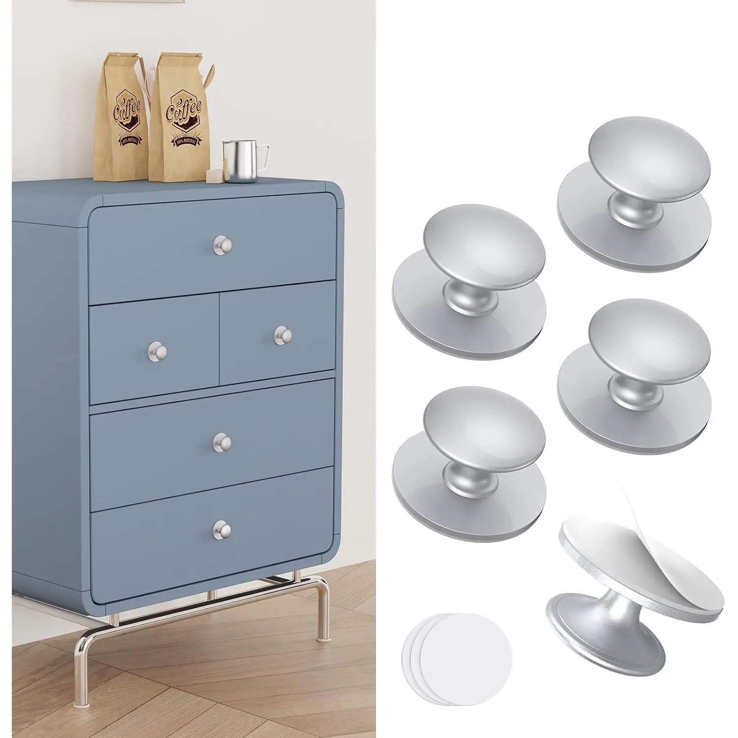 5-Pack Self-Adhesive Stainless Steel Stick Handles - No-Drill Round Knobs for Cabinets/Drawers, Smooth Surfaces, Kitchen Use