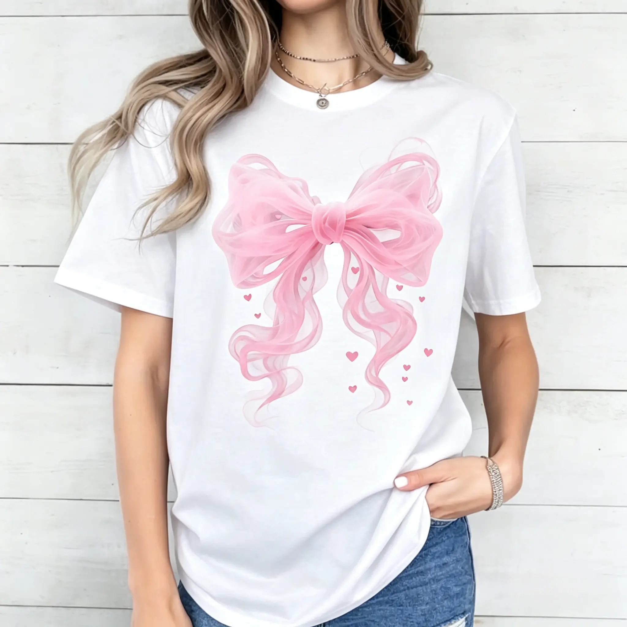 Women's 220g Heavyweight Cotton Short-Sleeve T-Shirt, Blush Pink Coquette Bow-Heart Graphic, Loose Fit, Soft Comfy Fabric Casual Everyday Top