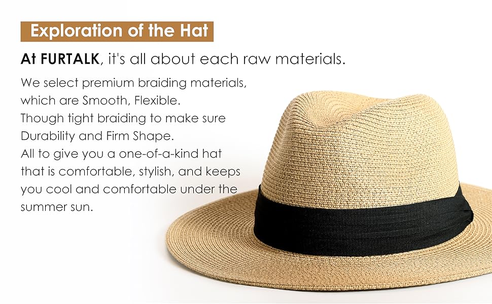 FURTALK UPF 50+ Straw Fedora Panama Hat, Wide Brim Summer Sun Hat for Beach Travel Vacation